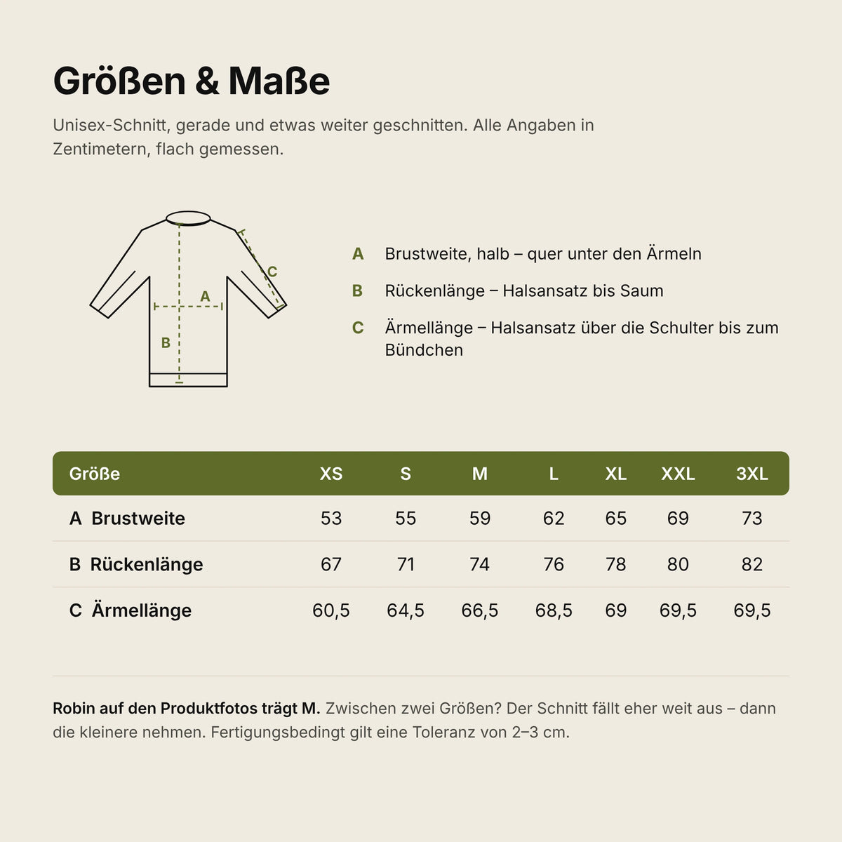 Groessentabelle Robinga Sweatshirt – Brustweite, Rueckenlaenge und Aermellaenge fuer XS bis 3XL in Zentimetern